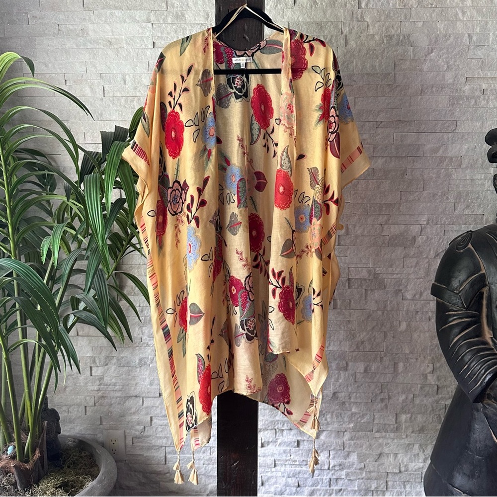 Woven Heart Yellow Multicolor Floral Boho Tassel Kimono Size M